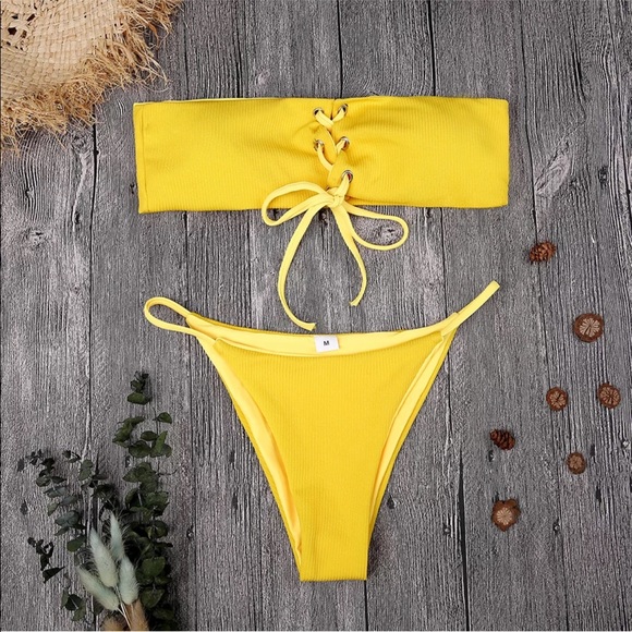 ❤️27.Ribbed lace up yellow bikini - Picture 3 of 6